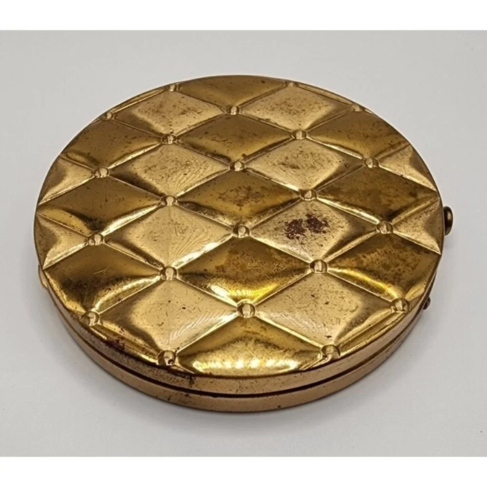 Vintage Compacts By Ritz Gold Tone Quilted Detail Circular Pressed Powder Tin